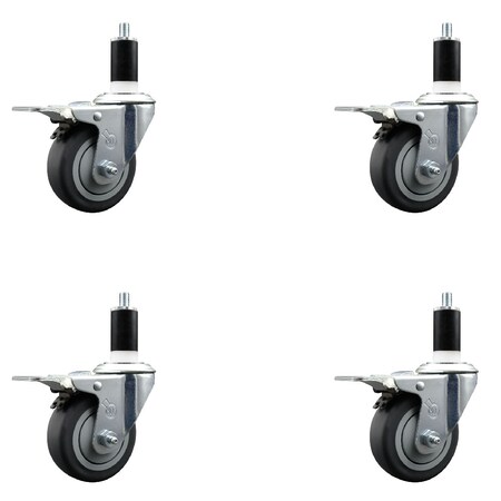 Service Caster 3.5'' SS Thermoplastic Rubber Swivel 1-3/8'' Expanding Stem Caster Set Total Lock Brake, 4PK SCC-SSEXTTL20S3514-TPRB-138-4